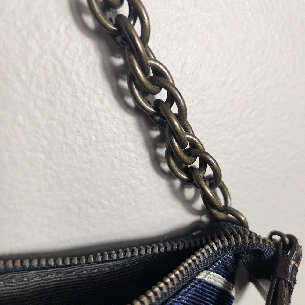 J. Crew 100% Silk Shoulder Bag Blue With Green And White Stripe Purse - Picture 6 of 8